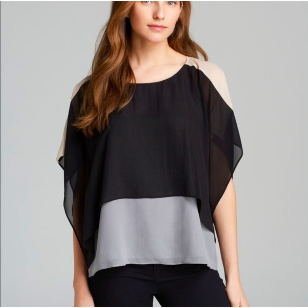 Eileen Fisher Petite Colorblock Layered 100% Silk Top Black Grey Tan Sz PP 2P